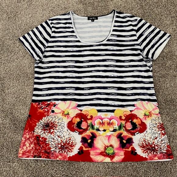 Lily Moss Short Sleeve Tee Blue White Striped Muti-Color Floral Hem Women's XL - Picture 6 of 8